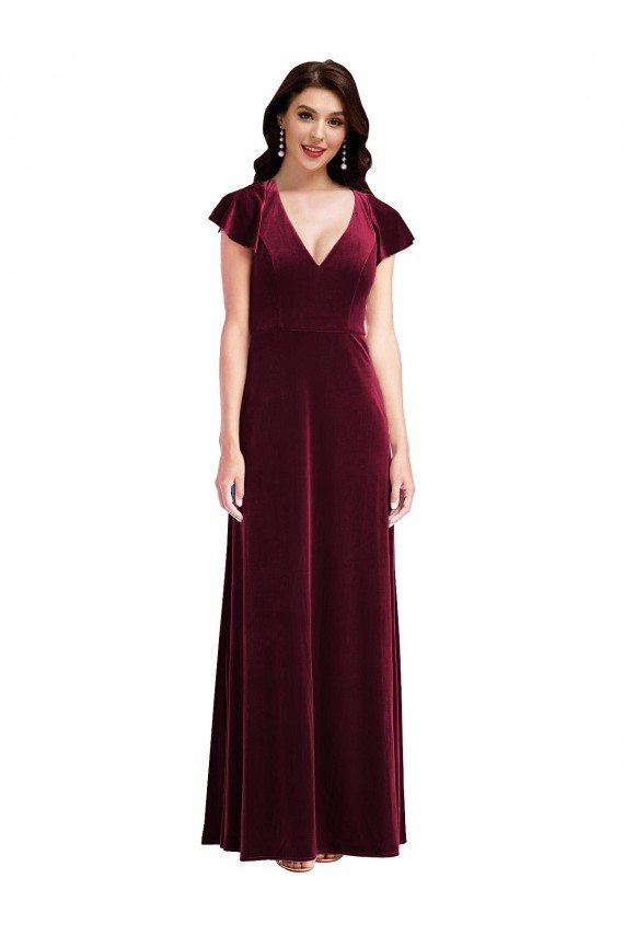 Outlet Flutter Sleeve Velvet Maxi Bridesmaid Dress / Prom Dress with Pockets