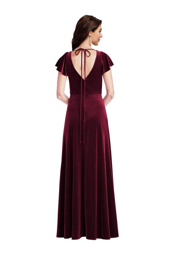 Outlet Flutter Sleeve Velvet Maxi Bridesmaid Dress / Prom Dress with Pockets