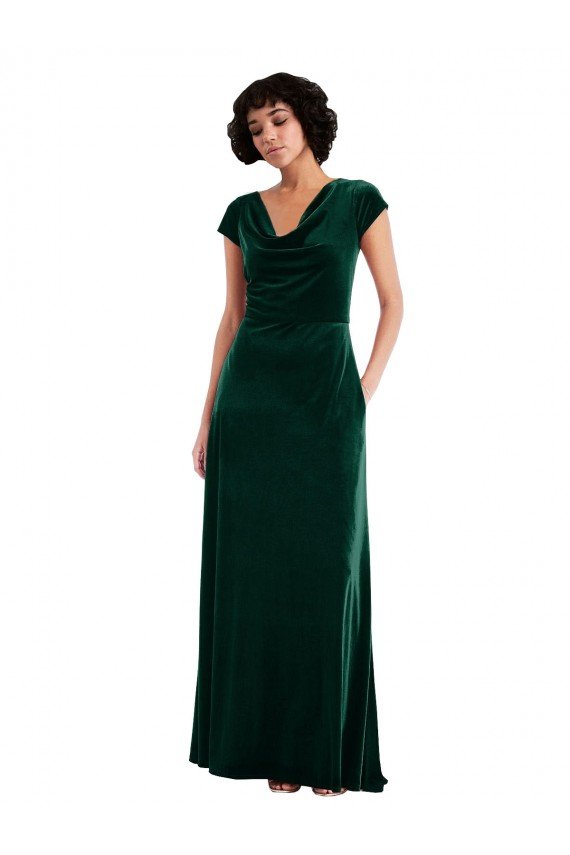 Outlet Cowl Neck Cap Sleeve Velvet Maxi Bridesmaid Dress / Prom Dress with Pockets