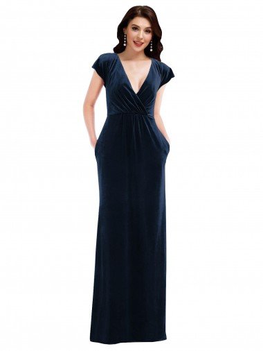 Outlet Flutter Sleeve Wrap Bodice Formal Velvet Maxi Bridesmaid Dress / Prom Dress with Pockets
