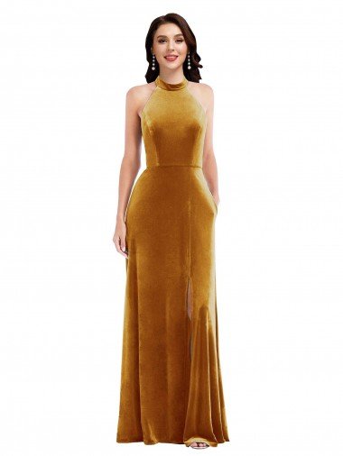 Outlet High-Neck Halter Velvet Maxi Bridesmaid Dress / Prom Dress with Front Slit