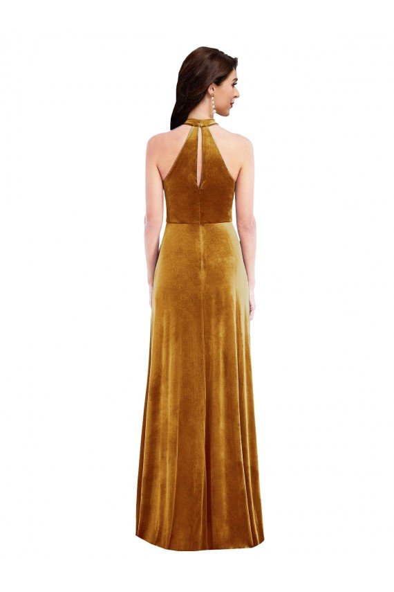 Outlet High-Neck Halter Velvet Maxi Bridesmaid Dress / Prom Dress with Front Slit
