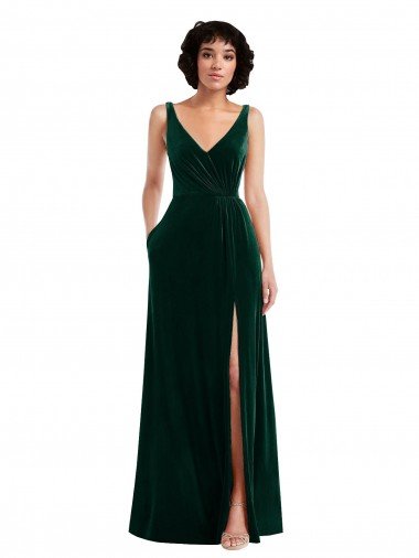 Outlet Floor Length Velvet Maxi Bridesmaid Dress / Prom Dress with Shirred Bodice and Front Slit