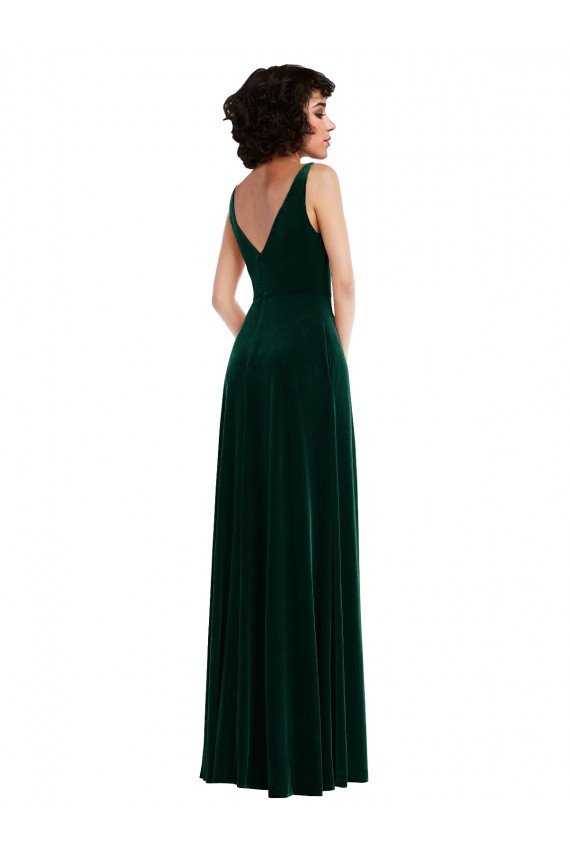 Outlet Floor Length Velvet Maxi Bridesmaid Dress / Prom Dress with Shirred Bodice and Front Slit