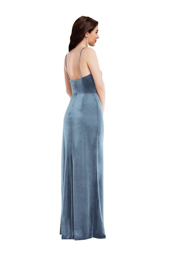 Outlet Spaghetti Strap Formal Velvet Maxi Bridesmaid Dress / Prom Dress with Draped Skirt