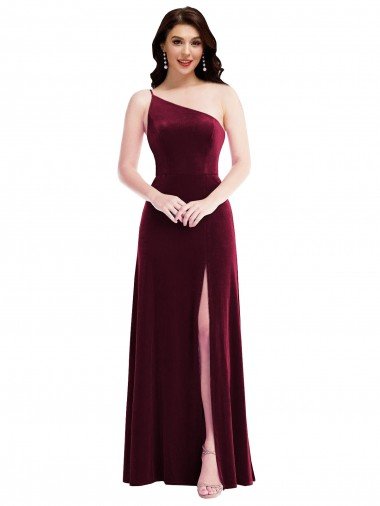 Outlet One Shoulder Spaghetti Strap Velvet Maxi Bridesmaid Dress / Prom Dress with Pockets