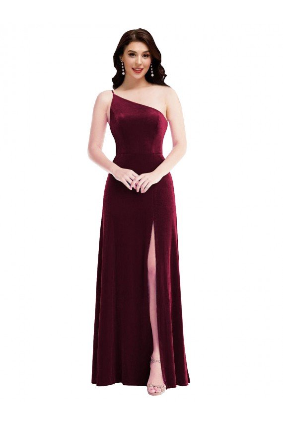 Outlet One Shoulder Spaghetti Strap Velvet Maxi Bridesmaid Dress / Prom Dress with Pockets