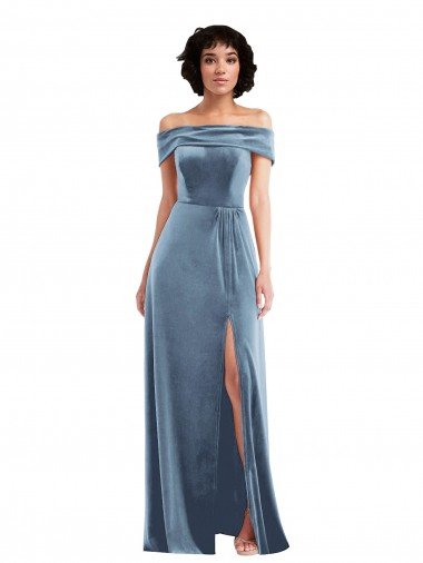 Outlet Draped Cuff Off the Shoulder Velvet Maxi Bridesmaid Dress / Prom Dress with Pockets