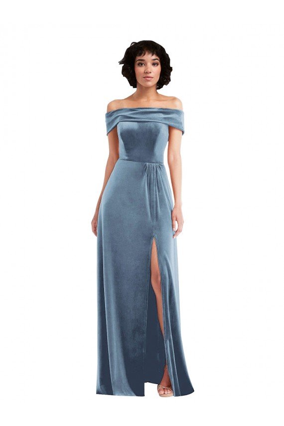 Outlet Draped Cuff Off the Shoulder Velvet Maxi Bridesmaid Dress / Prom Dress with Pockets