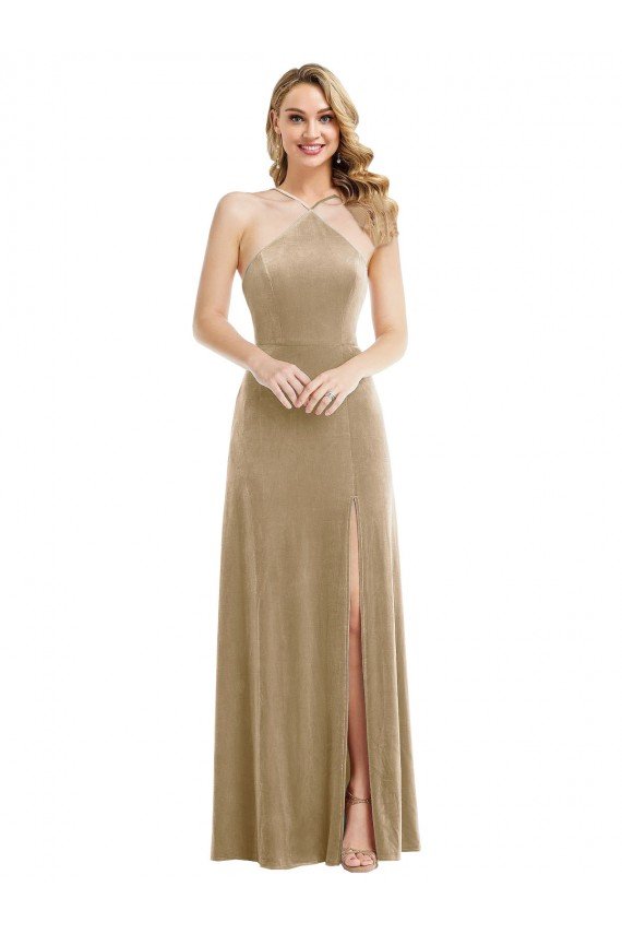 Outlet High Neck Halter Open Back Long Velvet Maxi Bridesmaid Dress / Prom Dress & Pockets