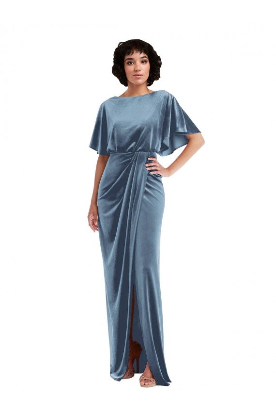 Outlet Flutter Sleeve Open Back Velvet Maxi Bridesmaid Dress / Prom Dress with Pockets & Draped Wrap Skirt Pockets