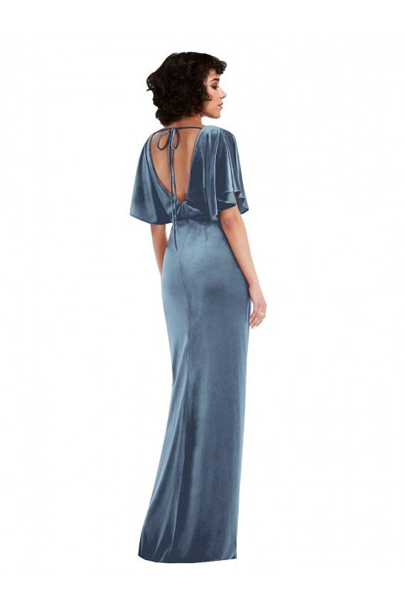 Outlet Flutter Sleeve Open Back Velvet Maxi Bridesmaid Dress / Prom Dress with Pockets & Draped Wrap Skirt Pockets