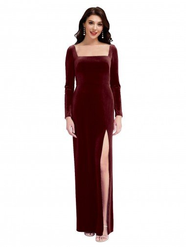 Outlet Sleek Square Neck Spaghetti Straps Velvet Bridesmaid Dress / Prom Dress with Side Slit