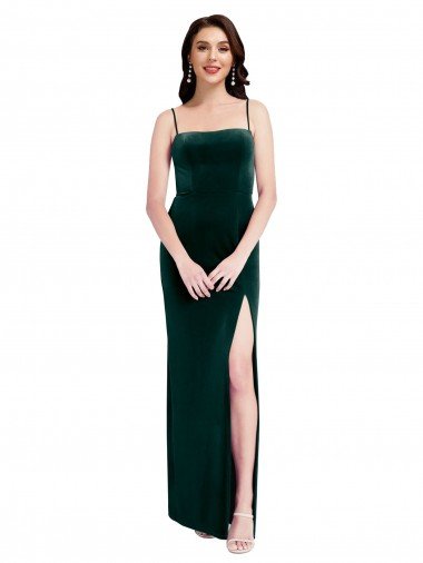 Outlet Straight Neckline Spaghetti Straps Long Velvet Bridesmaid Dress / Prom Dress with High Side Slit