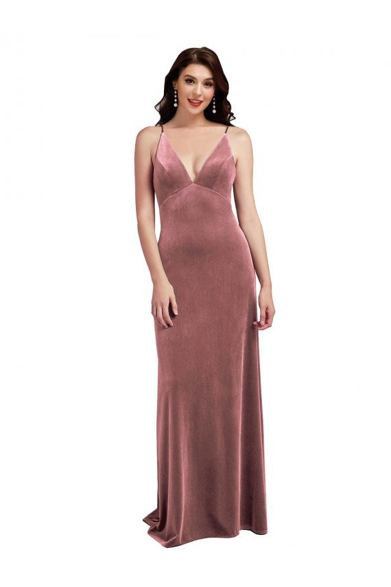 Outlet Low Scoop Back Long V-Neck Formal Velvet Slip Bridesmaid Dress / Prom Dress