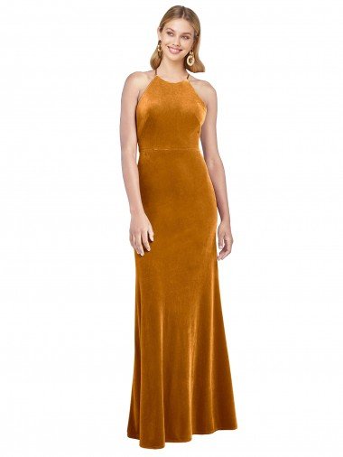 Outlet Halter Neckline Long Full Length Formal Velvet Bridesmaid Dress / Prom Dress with Strappy Back