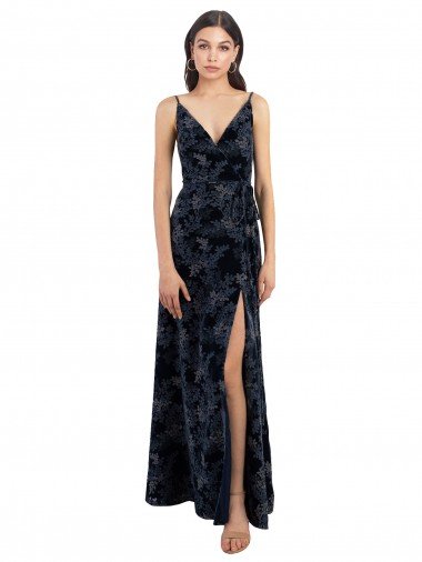 Outlet Floral Velvet Surplice V-Neck Long Bridesmaid Dress with V-Back