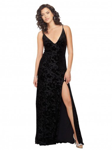 Outlet V-Neck Cowl Back Floral Velvet Bridesmaid Dress with Front Slit and Deep V-Neck