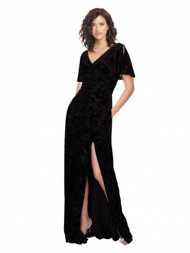 Outlet Split Sleeves V-Neck Floral Velvet Bridesmaid Dress with Front Slit