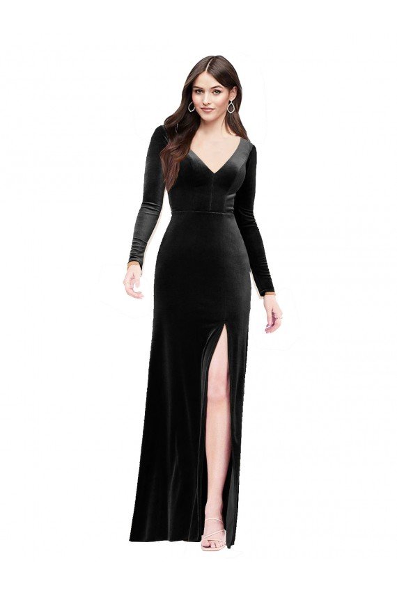 Outlet Long Sleeves Formal Velvet Bridesmaid Dress / Prom Dress with V-Neckline and Thigh Slit
