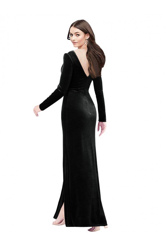 Outlet Long Sleeves Formal Velvet Bridesmaid Dress / Prom Dress with V-Neckline and Thigh Slit