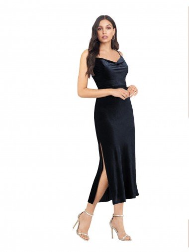 Outlet Midi Cocktail Length Formal Velvet Bridesmaid Dress / Prom Dress with Cowl Neck and Spaghetti Straps