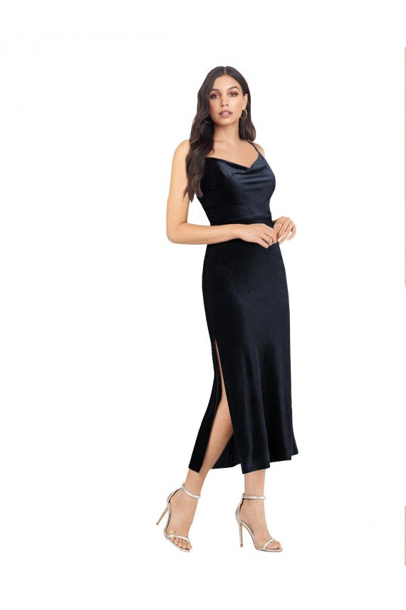 Outlet Midi Cocktail Length Formal Velvet Bridesmaid Dress / Prom Dress with Cowl Neck and Spaghetti Straps