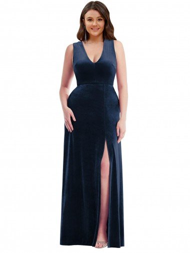 Outlet Deep V-Neck Sleeveless Formal Velvet Maxi Bridesmaid Dress / Prom Dress with Pockets
