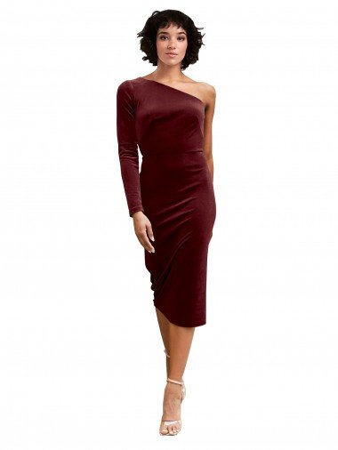 Outlet One Shoulder Fitted Short Midi Length Velvet Bridesmaid Dress / Prom Dress