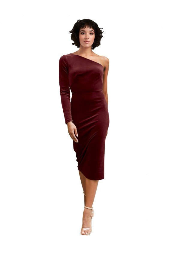 Outlet One Shoulder Fitted Short Midi Length Velvet Bridesmaid Dress / Prom Dress