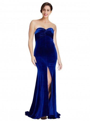 Outlet Strapless Ruched Formal Velvet Bridesmaid Dress / Prom Dress with Sweep Train and Front Slit
