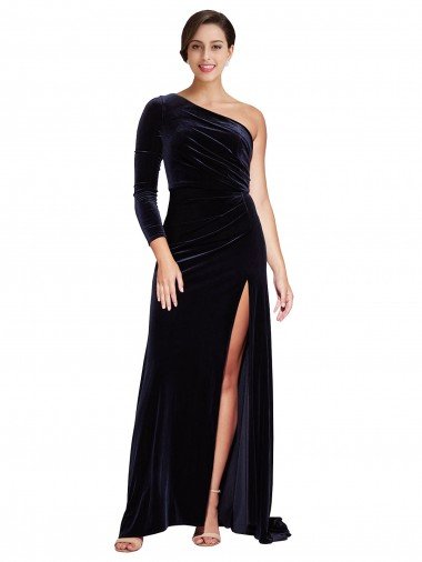 Outlet One Sleeve Long Formal Velvet Bridesmaid Dress / Prom Dress with Thigh High Split