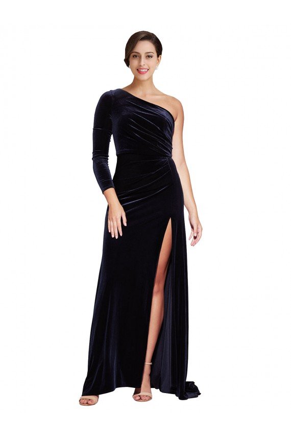 Outlet One Sleeve Long Formal Velvet Bridesmaid Dress / Prom Dress with Thigh High Split