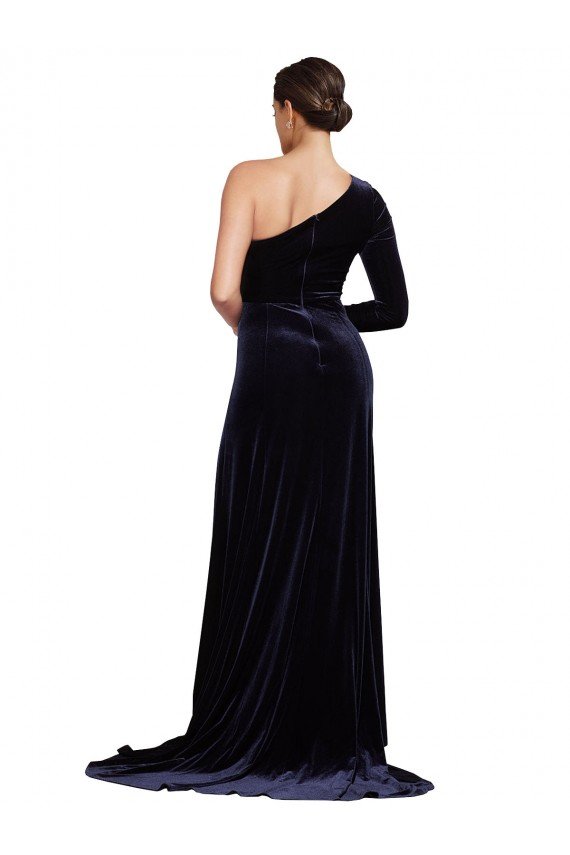 Outlet One Sleeve Long Formal Velvet Bridesmaid Dress / Prom Dress with Thigh High Split