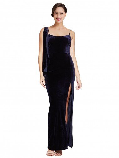 Outlet Long Formal Velvet Bridesmaid Dress / Prom Dress with Side Thigh Split and Shoulder Tie