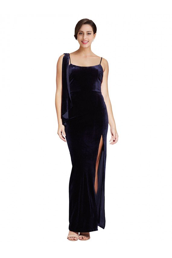 Outlet Long Formal Velvet Bridesmaid Dress / Prom Dress with Side Thigh Split and Shoulder Tie