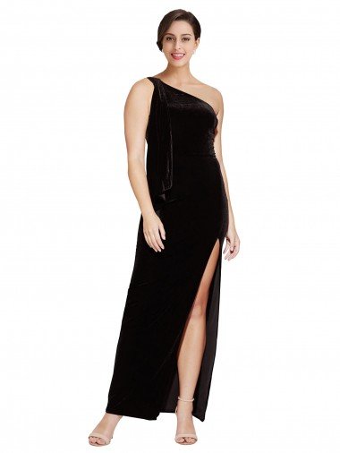 Outlet One Shoulder Long Formal Velvet Bridesmaid Dress / Prom Dress with Side Split and Shoulder Tie