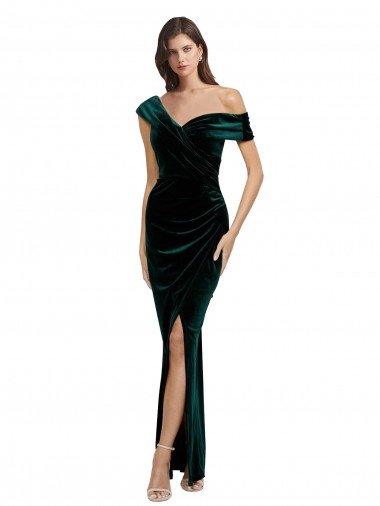 Outlet Long Asymmetric Neckline Ruched Formal Velvet Bridesmaid Dress / Prom Dress