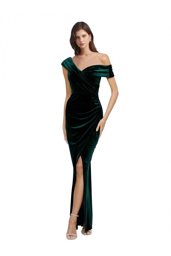 Outlet Long Asymmetric Neckline Ruched Formal Velvet Bridesmaid Dress / Prom Dress