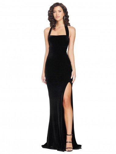 Outlet Halter Neck Wide Straps Long Velvet Bridesmaid Dress / Prom Dress with Side Split